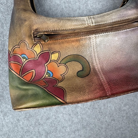 Anuschka Purse Womens Brown Floral Lotus Hand Painted Leather Shoulder Bag - Picture 5 of 13